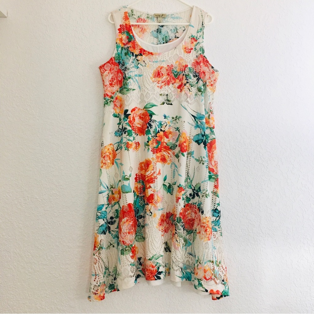 One world Colorful Multicolor Rose Print Floral White Sleeveless Dress Size L